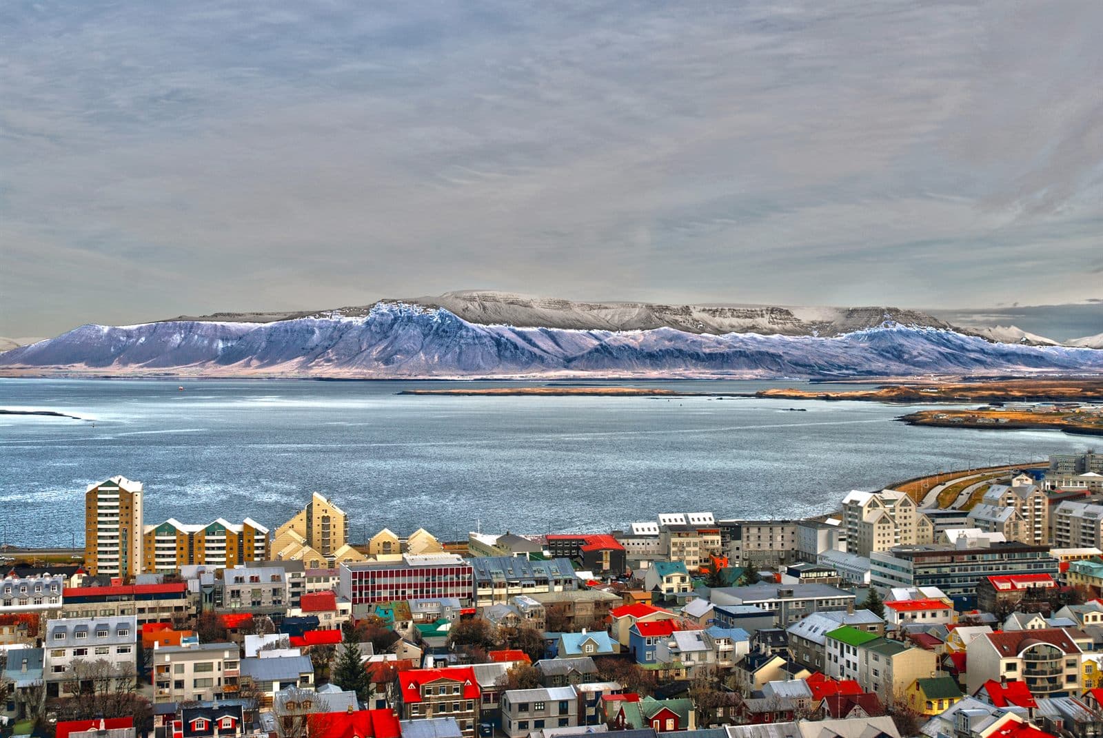Reykjavik skyline under bright Icelandic light.